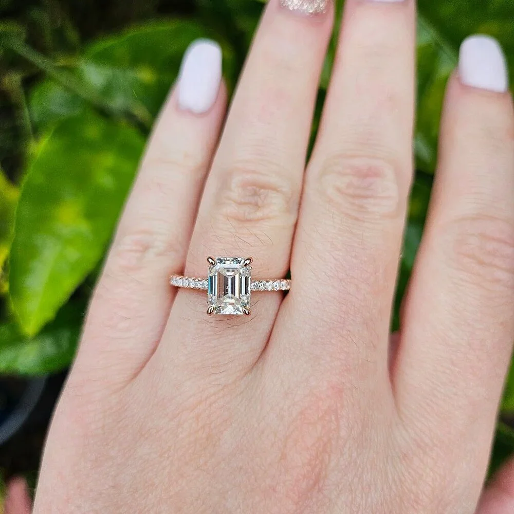 2 CT Emerald Cut Moissanite Ring, S925 Gold Plated, Size 6, Pavé, Hidden Halo - Picture 4 of 4